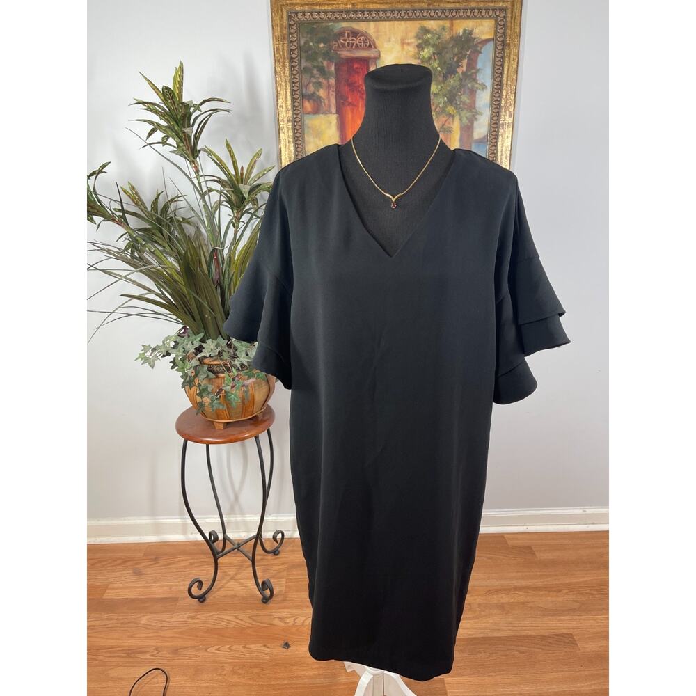 Worthington‎ Shift Dress Womens Large Black Solid Flutter Sleeve Corporate Chic